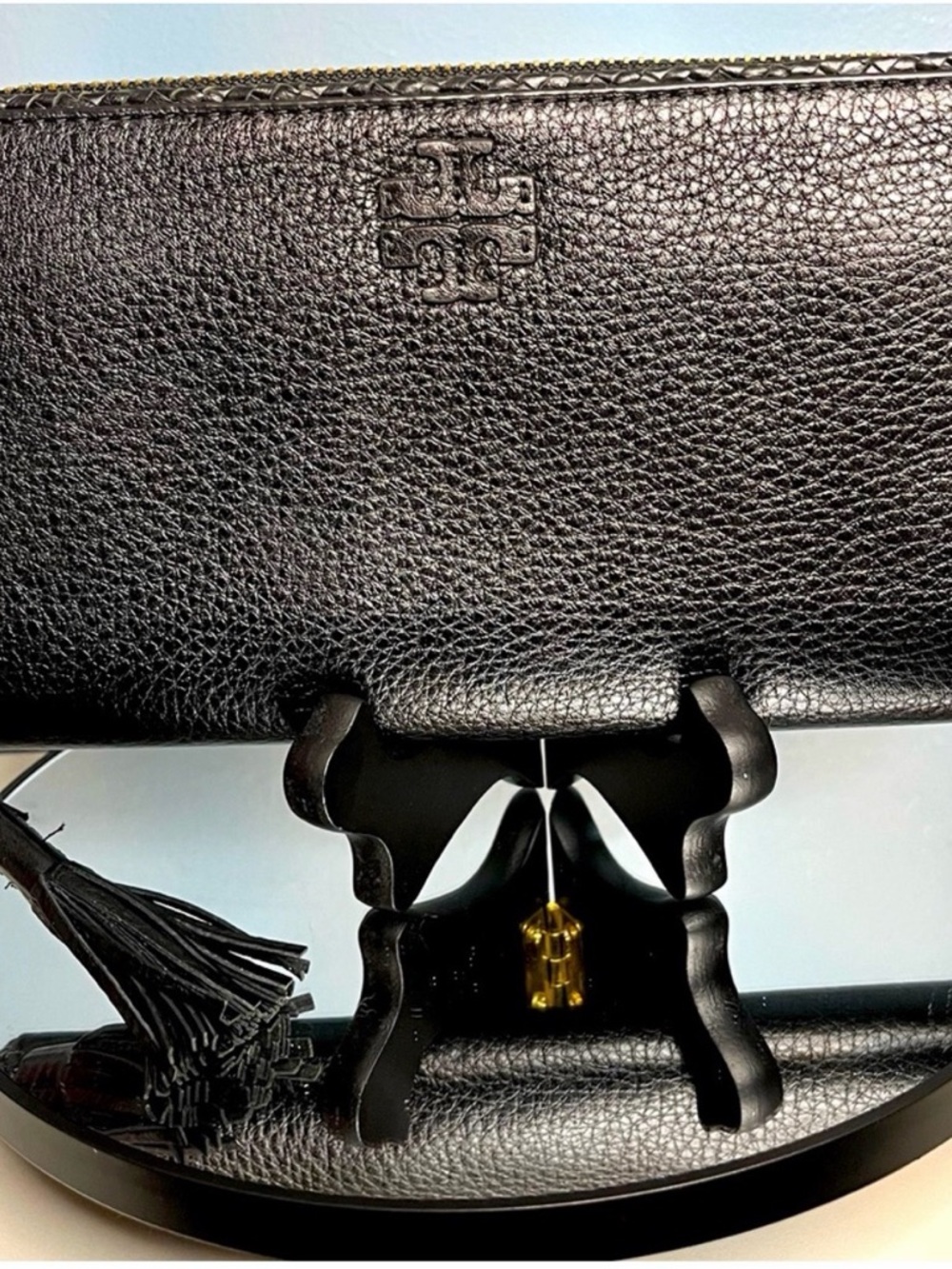 Tory Burch Black Pebbled Leather Zip Wallet with Tassel